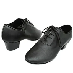 Black Faux Leather Ballroom Dance Shoes for Boys - Lace-Up Latin, Tango, Salsa, and Cha-Cha Dance Shoes with Thick Heel and Suede Sole