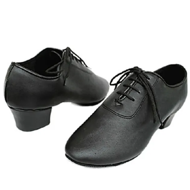 Black Faux Leather Ballroom Dance Shoes for Boys - Lace-Up Latin, Tango, Salsa, and Cha-Cha Dance Shoes with Thick Heel and Suede Sole