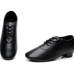 Black Faux Leather Ballroom Dance Shoes for Boys - Lace-Up Latin, Tango, Salsa, and Cha-Cha Dance Shoes with Thick Heel and Suede Sole
