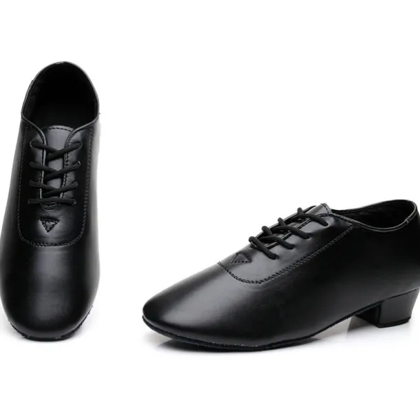 Black Faux Leather Ballroom Dance Shoes for Boys - Lace-Up Latin, Tango, Salsa, and Cha-Cha Dance Shoes with Thick Heel and Suede Sole