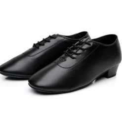 Black Faux Leather Ballroom Dance Shoes for Boys - Lace-Up Latin, Tango, Salsa, and Cha-Cha Dance Shoes with Thick Heel and Suede Sole