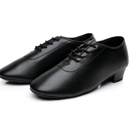 Black Faux Leather Ballroom Dance Shoes for Boys - Lace-Up Latin, Tango, Salsa, and Cha-Cha Dance Shoes with Thick Heel and Suede Sole