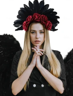 Black Feather and Red Rose Floral Headband for Women – Gothic Floral Crown for Halloween, Costume Parties, and Festivals