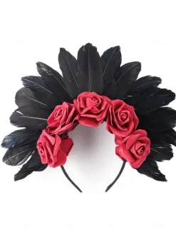 Black Feather and Red Rose Floral Headband for Women – Gothic Floral Crown for Halloween, Costume Parties, and Festivals