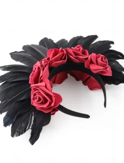 Black Feather and Red Rose Floral Headband for Women – Gothic Floral Crown for Halloween, Costume Parties, and Festivals