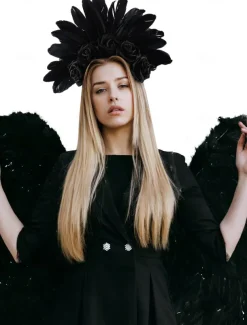 Black Feather and Red Rose Floral Headband for Women – Gothic Floral Crown for Halloween, Costume Parties, and Festivals