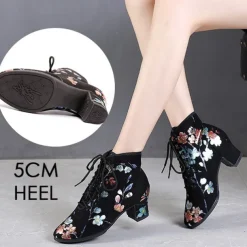 Black Floral Lace-up Dance Shoes for Women – Comfortable Low Heel, Perfect for Latin, Ballroom, and Social Dancing