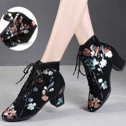 Black Floral Lace-up Dance Shoes for Women – Comfortable Low Heel, Perfect for Latin, Ballroom, and Social Dancing