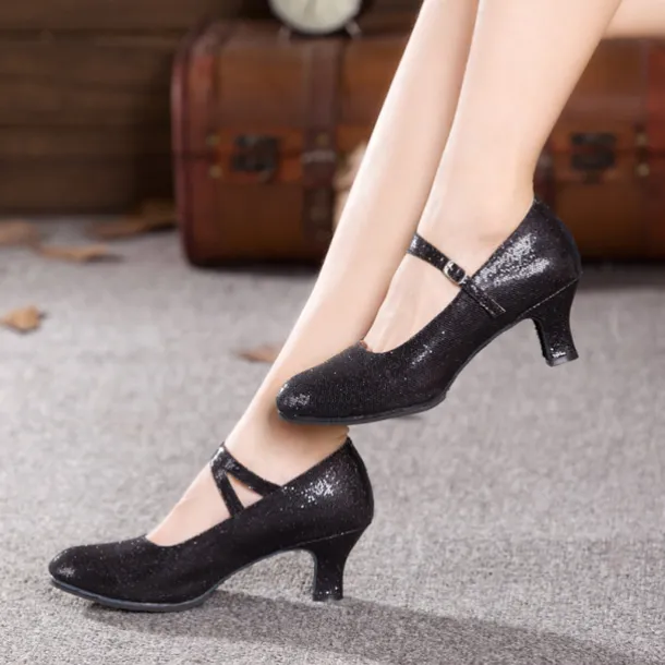 Black Glitter Dance Shoes for Women – Soft Sole with Adjustable Strap for Latin, Ballroom, and Social Dancing