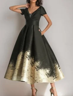 Black Gold A-Line Cocktail Gown Elegant Dress Formal Wedding Ankle Length Short Sleeve V Neck Pocket Satin with Floral Print