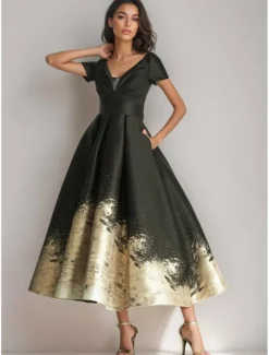Black Gold A-Line Cocktail Gown Elegant Dress Formal Wedding Ankle Length Short Sleeve V Neck Pocket Satin with Floral Print