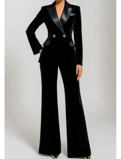 Black Green Two Piece Pantsuit Mother of the Bride Dress Vintage Simple Casual Lapel Floor Length Velvet Long Sleeve with Buttons 2025