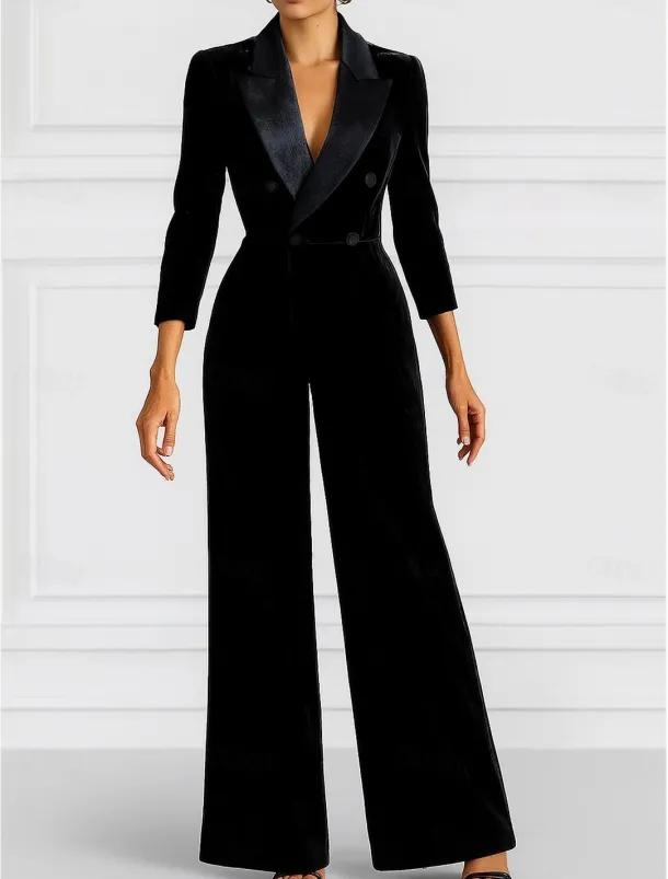 Black Jumpsuit Mother of the Bride Elegant Minimalist Lapel Floor Length Velvet Long Sleeve with Buttons Solid Color 2025