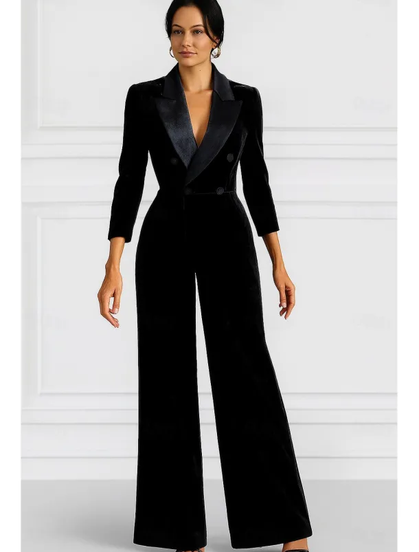 Black Jumpsuit Mother of the Bride Elegant Minimalist Lapel Floor Length Velvet Long Sleeve with Buttons Solid Color 2025