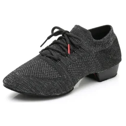 Black Mesh Lace-Up Jazz Dance Shoes for Women with Suede Sole – Breathable and Lightweight Performance Footwear