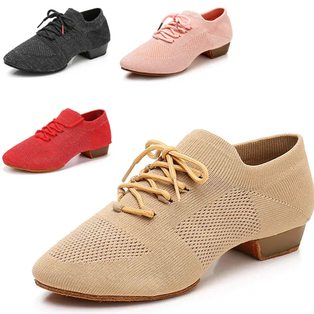 Black Mesh Lace-Up Jazz Dance Shoes for Women with Suede Sole – Breathable and Lightweight Performance Footwear