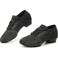 Black Mesh Lace-Up Jazz Dance Shoes for Women with Suede Sole – Breathable and Lightweight Performance Footwear