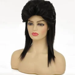 Black Mullet Wigs for Women Curly Shoulder Length Fluffy Hair 70s 80s Rocker Party Cosplay Synthetic Wigs (Black) Halloween Wigs