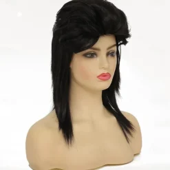 Black Mullet Wigs for Women Curly Shoulder Length Fluffy Hair 70s 80s Rocker Party Cosplay Synthetic Wigs (Black) Halloween Wigs