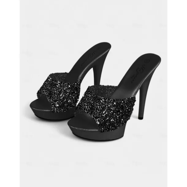 Black Rhinestone Platform Mules – Women's Sexy High Heel Slip-On Sandals for Party & Clubwear