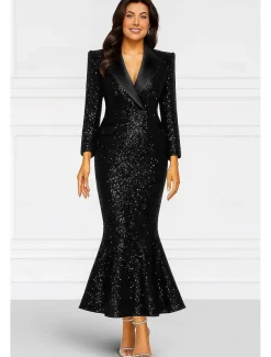 Black Sequined Blazer Dress Mermaid Evening Gown Elegant Formal Wedding Floor Length Long Sleeve Shirt Collar with Glitter