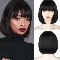 Black Short Bob WigStraight Black Bob Wig with bangs 10 inch Straight Bob Bangs Wig for Women Natural Looking for Daily Use Halloween Wigs