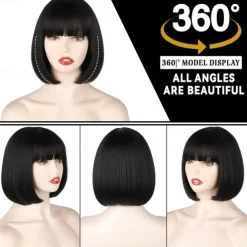 Black Short Bob WigStraight Black Bob Wig with bangs 10 inch Straight Bob Bangs Wig for Women Natural Looking for Daily Use Halloween Wigs