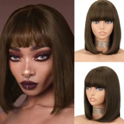 Black Short Bob WigStraight Black Bob Wig with bangs 10 inch Straight Bob Bangs Wig for Women Natural Looking for Daily Use Halloween Wigs