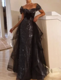 Black Tie A-Line Prom Dresses Vintage Dress Formal Floor Length Short Sleeve Square Neck Tulle with Glitter