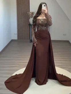 Black Tie Beased Lace Sheath / Column Evening Gown Detachable Overskirt Elegant Dress Formal Wedding Sweep / Brush Train Long Sleeve Square Neck Sequined with Ruched Pearls