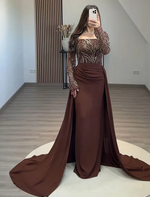 Black Tie Beased Lace Sheath / Column Evening Gown Detachable Overskirt Elegant Dress Formal Wedding Sweep / Brush Train Long Sleeve Square Neck Sequined with Ruched Pearls