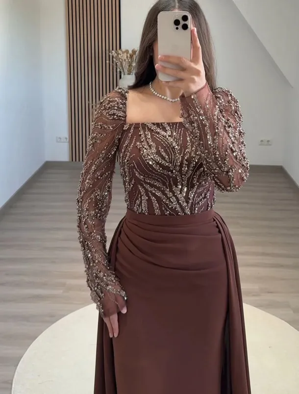 Black Tie Beased Lace Sheath / Column Evening Gown Detachable Overskirt Elegant Dress Formal Wedding Sweep / Brush Train Long Sleeve Square Neck Sequined with Ruched Pearls