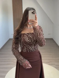 Black Tie Beased Lace Sheath / Column Evening Gown Detachable Overskirt Elegant Dress Formal Wedding Sweep / Brush Train Long Sleeve Square Neck Sequined with Ruched Pearls