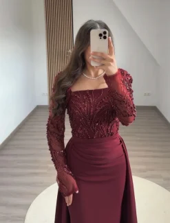 Black Tie Beased Lace Sheath / Column Evening Gown Detachable Overskirt Elegant Dress Formal Wedding Sweep / Brush Train Long Sleeve Square Neck Sequined with Ruched Pearls