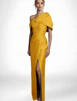 Black Tie Cape Dress Sheath / Column Evening Gown Elegant Dress Formal Wedding Floor Length Sleeveless Off Shoulder Stretch Satin with Pleats Slit