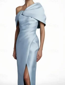 Black Tie Cape Dress Sheath / Column Evening Gown Elegant Dress Formal Wedding Floor Length Sleeveless Off Shoulder Stretch Satin with Pleats Slit