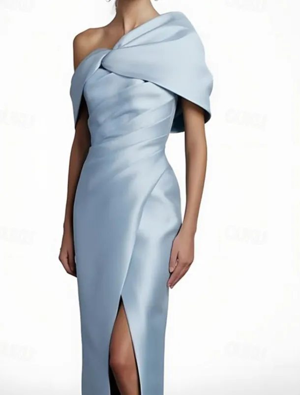 Black Tie Cape Dress Sheath / Column Evening Gown Elegant Dress Formal Wedding Floor Length Sleeveless Off Shoulder Stretch Satin with Pleats Slit