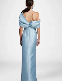 Black Tie Cape Dress Sheath / Column Evening Gown Elegant Dress Formal Wedding Floor Length Sleeveless Off Shoulder Stretch Satin with Pleats Slit