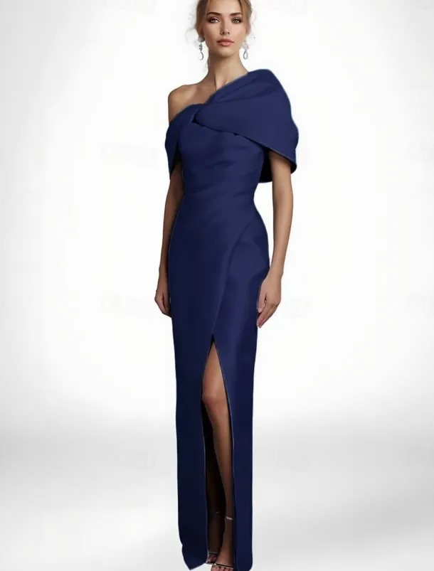 Black Tie Cape Dress Sheath / Column Evening Gown Elegant Dress Formal Wedding Floor Length Sleeveless Off Shoulder Stretch Satin with Pleats Slit