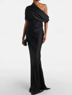 Black Tie Gold Evening Gown Mermaid / Trumpet Cape Dresses Elegant Dress Formal Wedding Floor Length Sleeveless Mock Neck Satin with Pleats