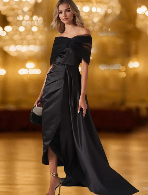 Black Tie Mermaid / Trumpet Evening Gown Elegant Dress Black Formal Dress Wedding Sweep / Brush Train Sleeveless Off Shoulder Tulle with Pleats