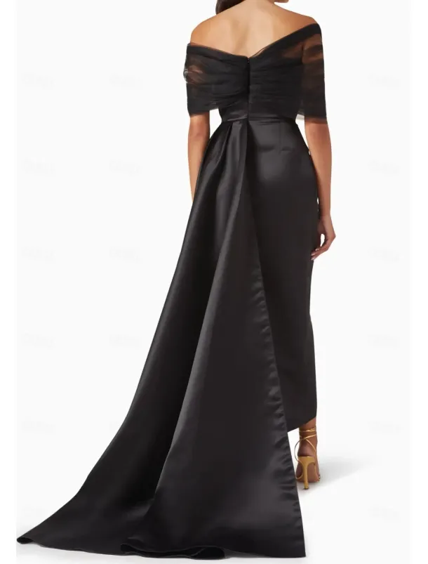 Black Tie Mermaid / Trumpet Evening Gown Elegant Dress Black Formal Dress Wedding Sweep / Brush Train Sleeveless Off Shoulder Tulle with Pleats