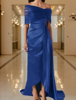 Black Tie Mermaid / Trumpet Evening Gown Elegant Dress Black Formal Dress Wedding Sweep / Brush Train Sleeveless Off Shoulder Tulle with Pleats