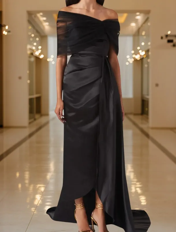 Black Tie Mermaid / Trumpet Evening Gown Elegant Dress Black Formal Dress Wedding Sweep / Brush Train Sleeveless Off Shoulder Tulle with Pleats