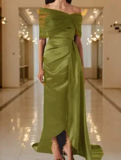 Black Tie Mermaid / Trumpet Evening Gown Elegant Dress Black Formal Dress Wedding Sweep / Brush Train Sleeveless Off Shoulder Tulle with Pleats