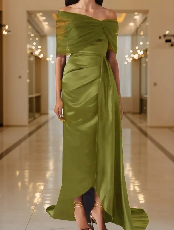 Black Tie Mermaid / Trumpet Evening Gown Elegant Dress Black Formal Dress Wedding Sweep / Brush Train Sleeveless Off Shoulder Tulle with Pleats