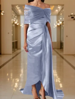 Black Tie Mermaid / Trumpet Evening Gown Elegant Dress Black Formal Dress Wedding Sweep / Brush Train Sleeveless Off Shoulder Tulle with Pleats