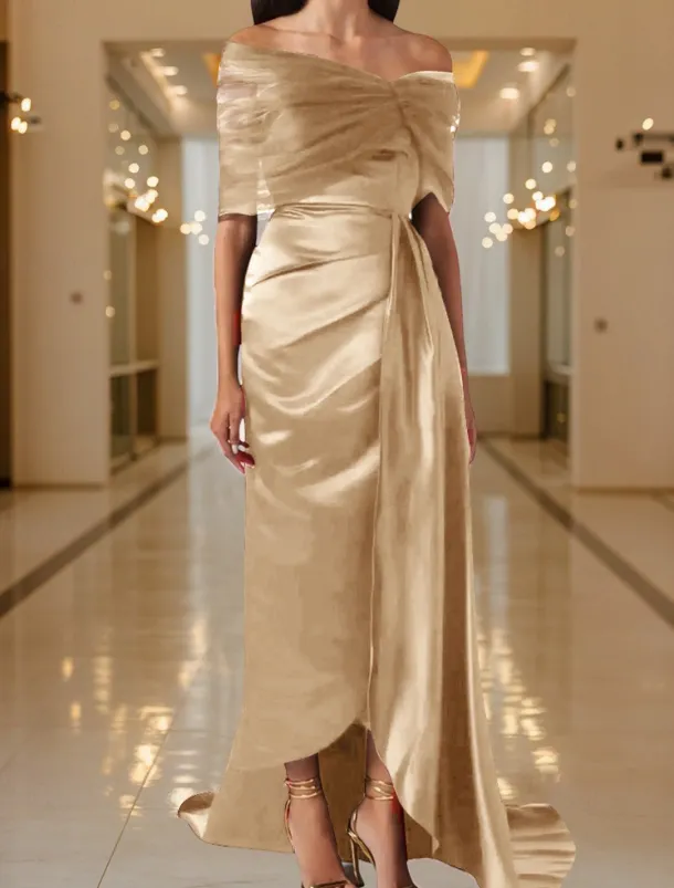 Black Tie Mermaid / Trumpet Evening Gown Elegant Dress Black Formal Dress Wedding Sweep / Brush Train Sleeveless Off Shoulder Tulle with Pleats