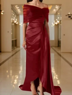 Black Tie Mermaid / Trumpet Evening Gown Elegant Dress Black Formal Dress Wedding Sweep / Brush Train Sleeveless Off Shoulder Tulle with Pleats