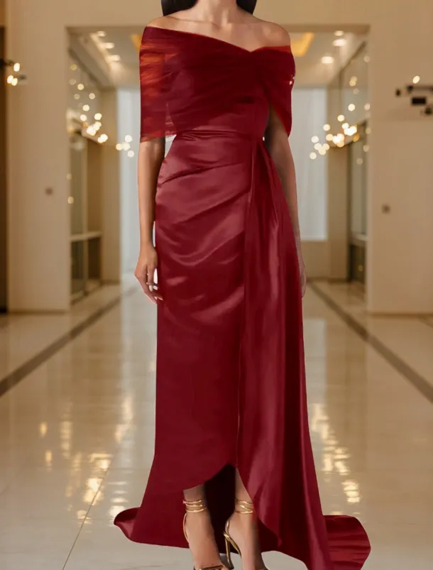 Black Tie Mermaid / Trumpet Evening Gown Elegant Dress Black Formal Dress Wedding Sweep / Brush Train Sleeveless Off Shoulder Tulle with Pleats